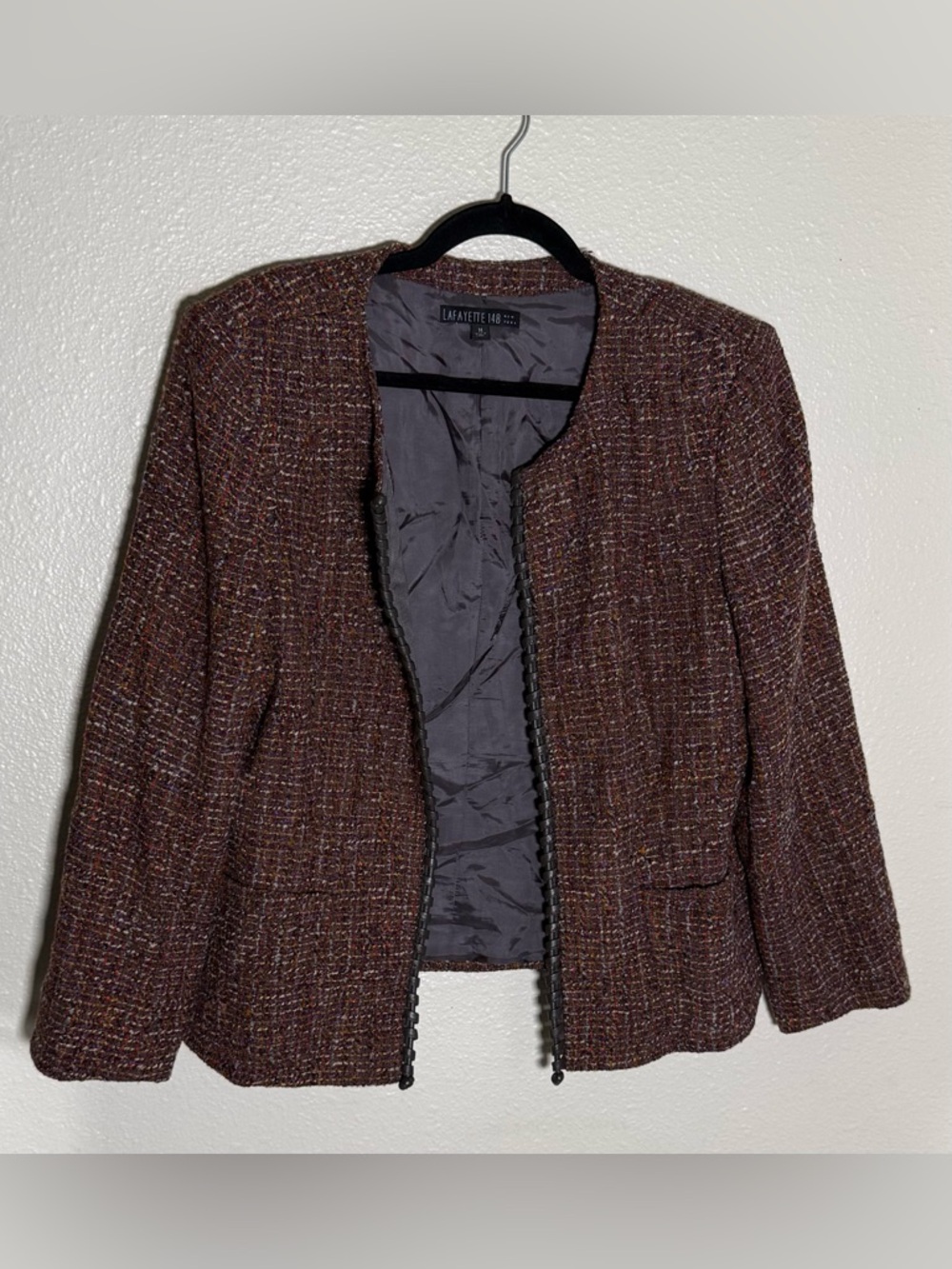 Lafayette 148 New York Tweed Leather Trim Open Wool Blazer Size 14